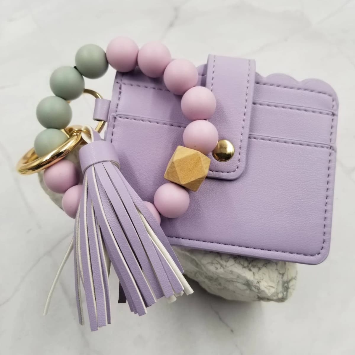 Silicone Bead Bangle Keychain Bracelet Card Holder (Purple)