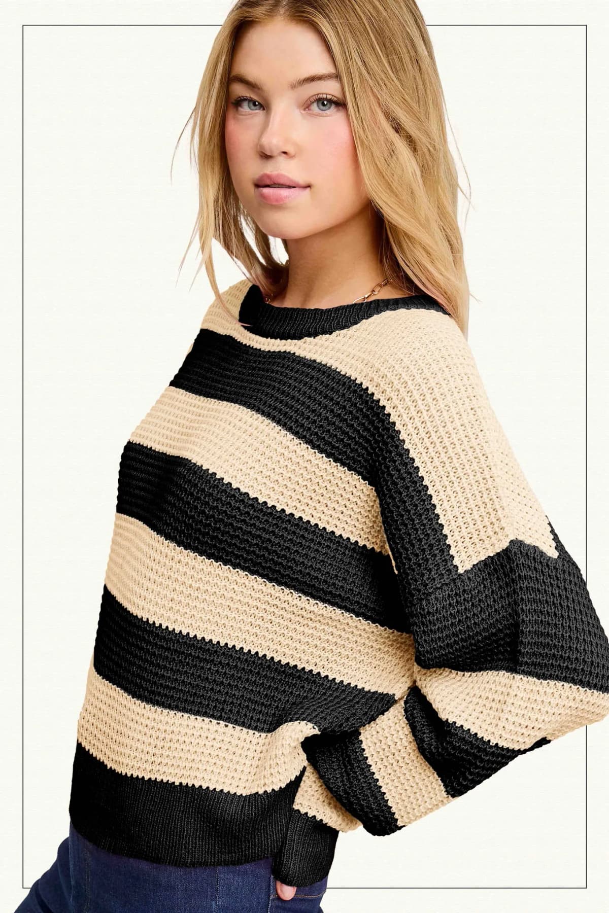 Loose Fit Striped Round Neck Long Sleeve Sweater (Oreo)