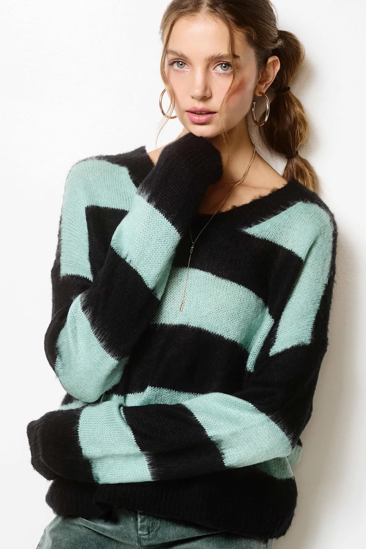 Oversized Fuzzy Soft Stripe V-neck Knit Sweater