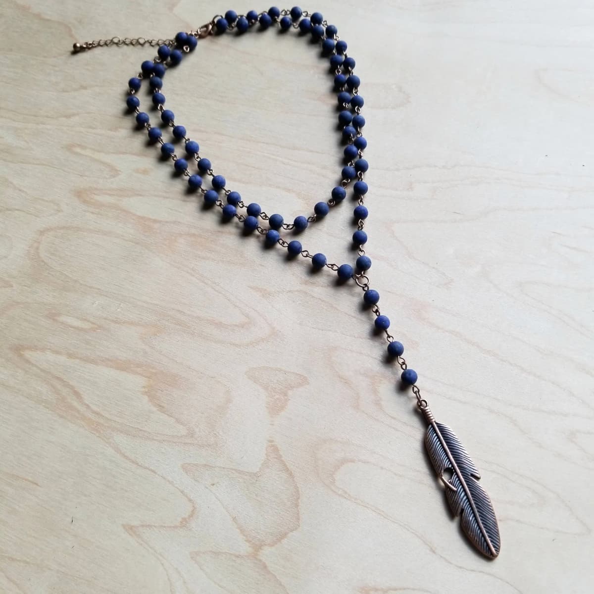 Blue Lapis Double Strand Lariat Necklace with Copper Feather