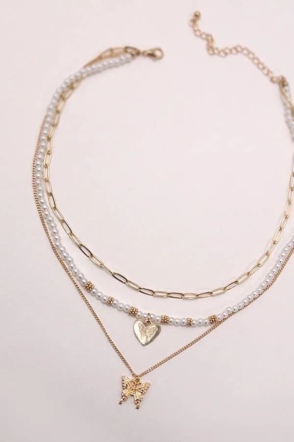 Multi Layer Butterfly Pearl Necklace