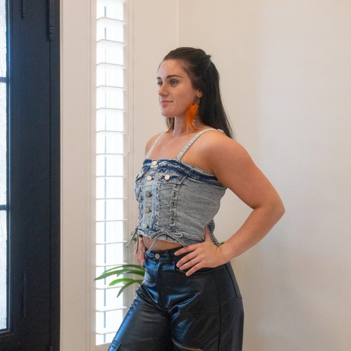 Denim Button Down Lace Up Detail Smocked Back Crop Top