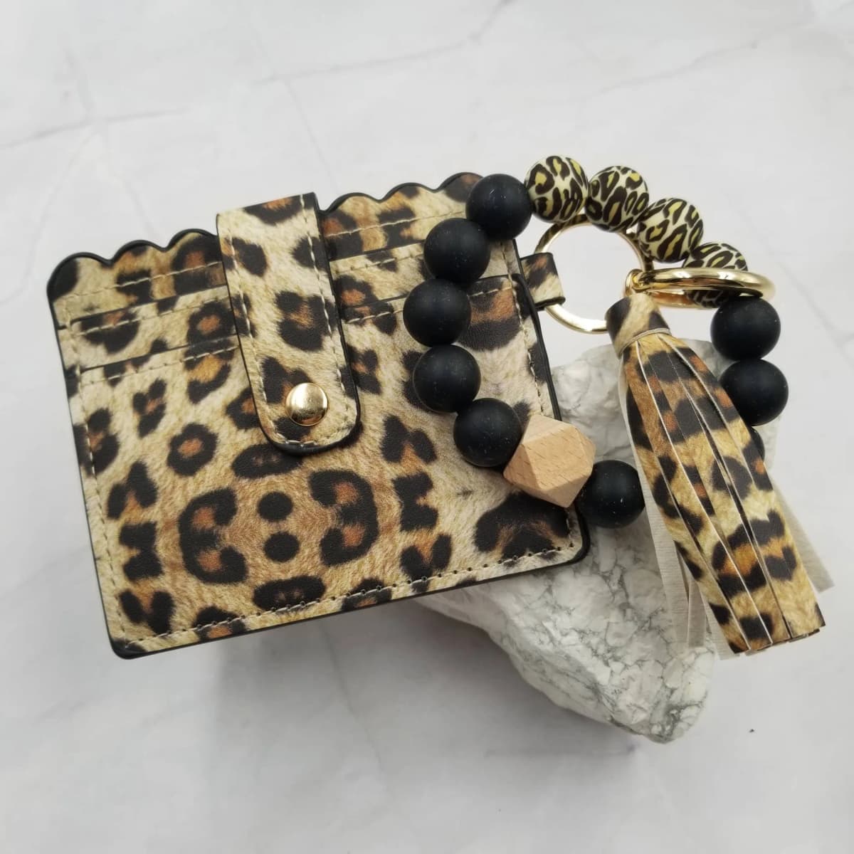 Silicone Bead Bangle Keychain Bracelet Card Holder (Leopard)
