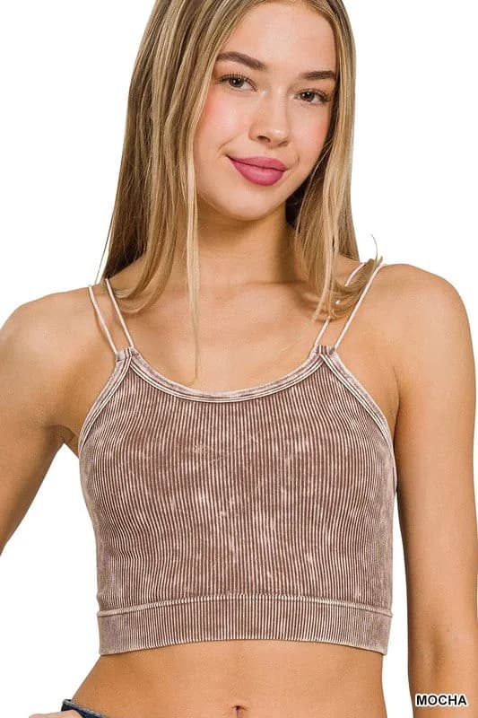 Washed Ribbed Seamless Double Strap Brami Zenana