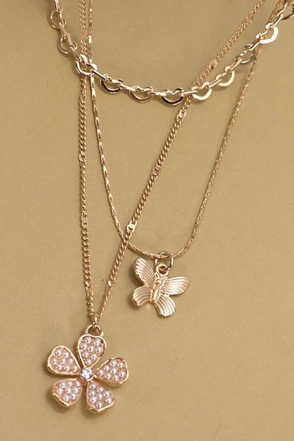 Trio Layered Butterfly Flower Charm Necklace