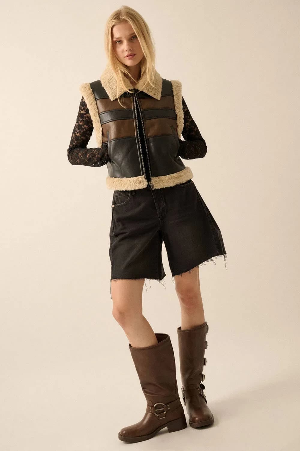 Faux Leather and Sherpa Fleece Colorblock Vest