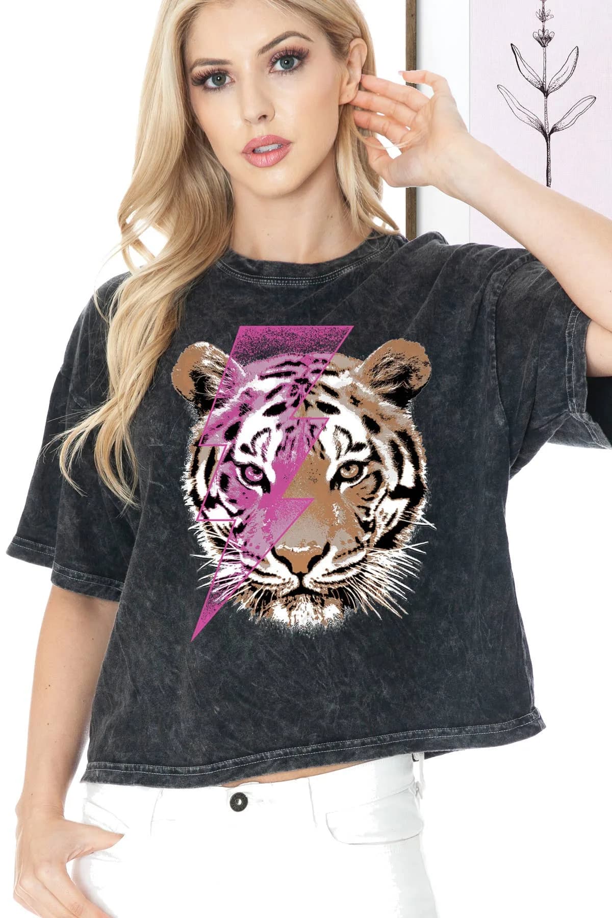 Mineral Washed Crop Top Tiger Face Light Bolt BouTeeQue Closet