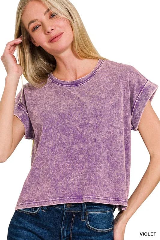 Acid Wash Cotton Folded Sleeve Top Zenana