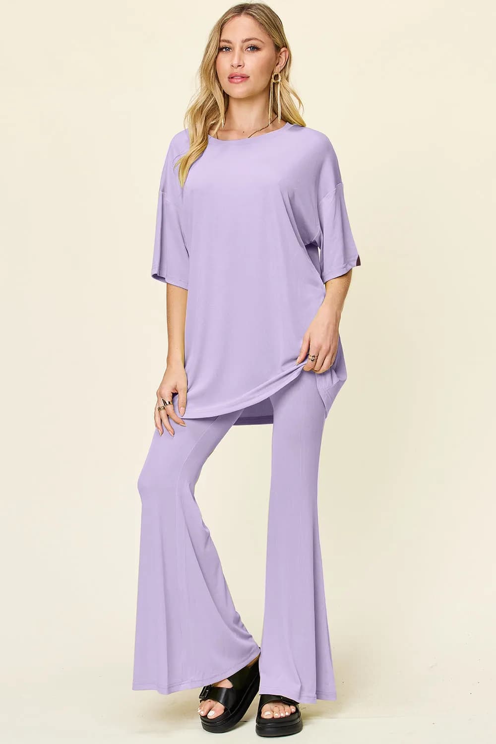 Double Take Full Size Round Neck Drop Shoulder T Shirt and Flare Pants Set Multiple Colors
