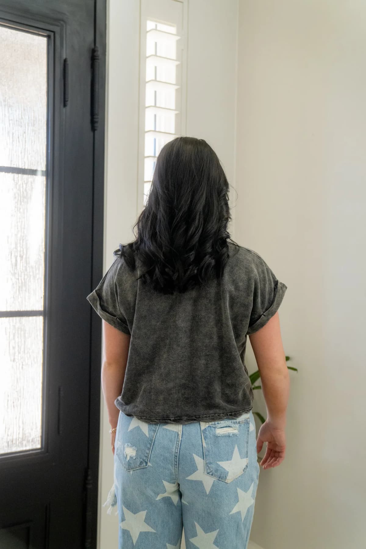 Acid Wash Cotton Folded Sleeve Top Zenana