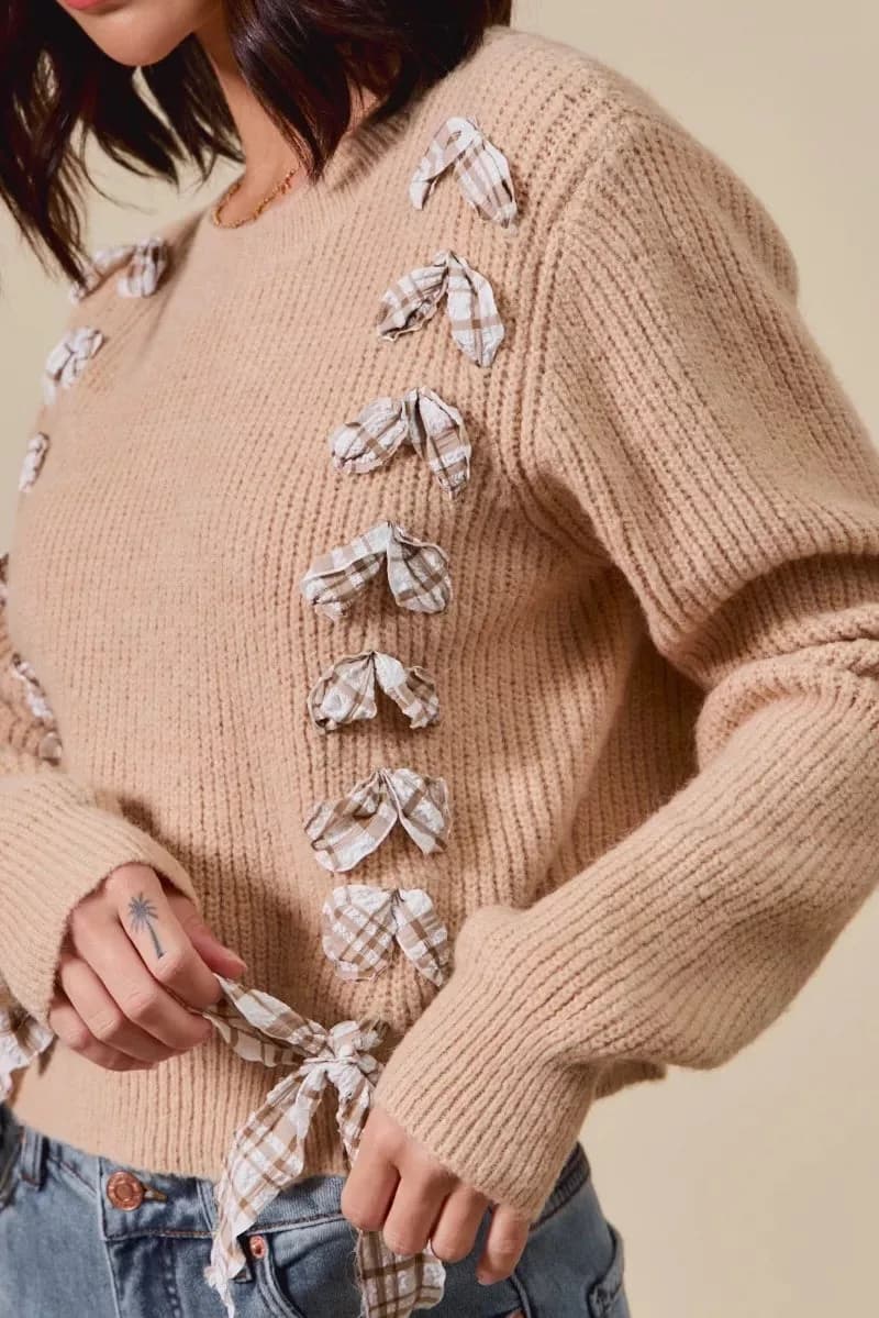 SO ME Checkered Plaid Tape Lace Up Ribbed Sweater