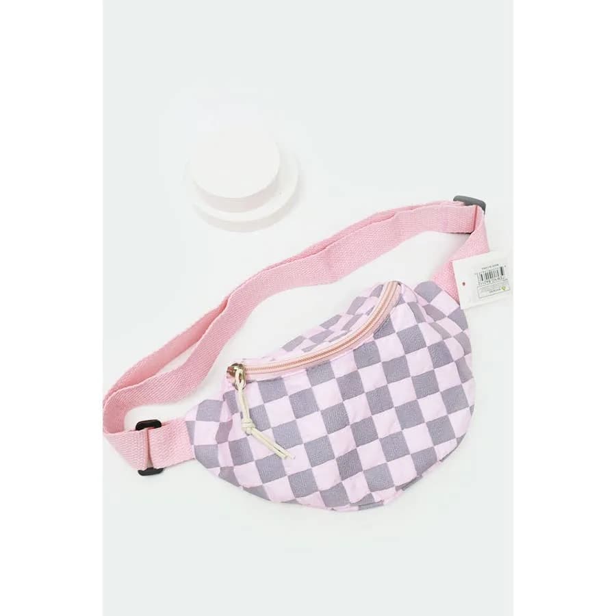 Light Weight Checker Fanny Pack with Zipper Love and Repeat (Lt Pink)