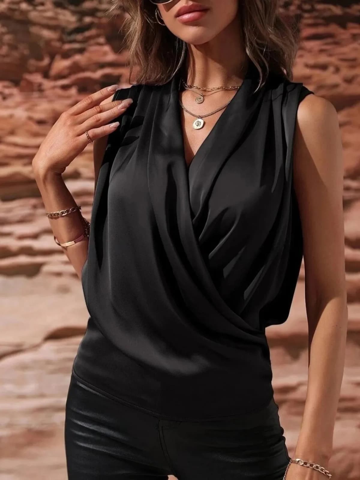 Sleeveless Wrap Draped Blouse in Multiple Colors