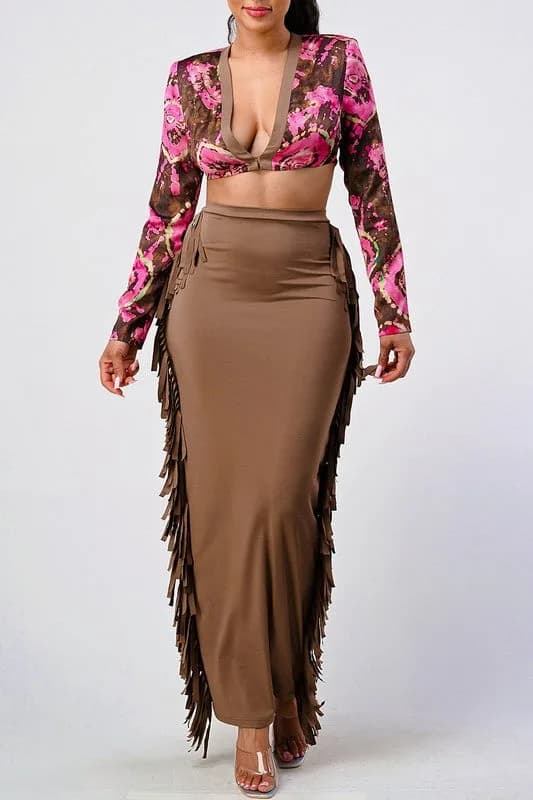 Athina Floral Print Crop Top and Tassel Skirt Set
