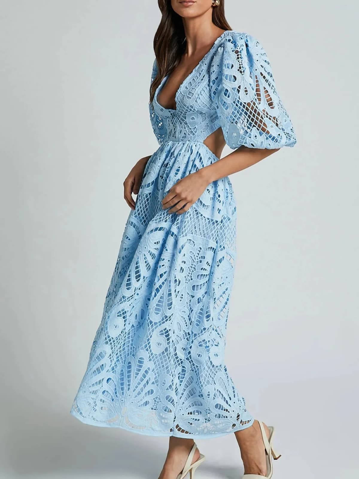 Cutout Back Lace Crochet V-Neck Dress Multiple Colors
