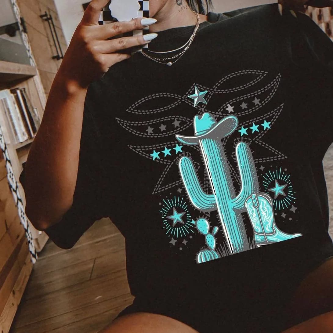 Cactus Boot Stitch Blue T Shirt