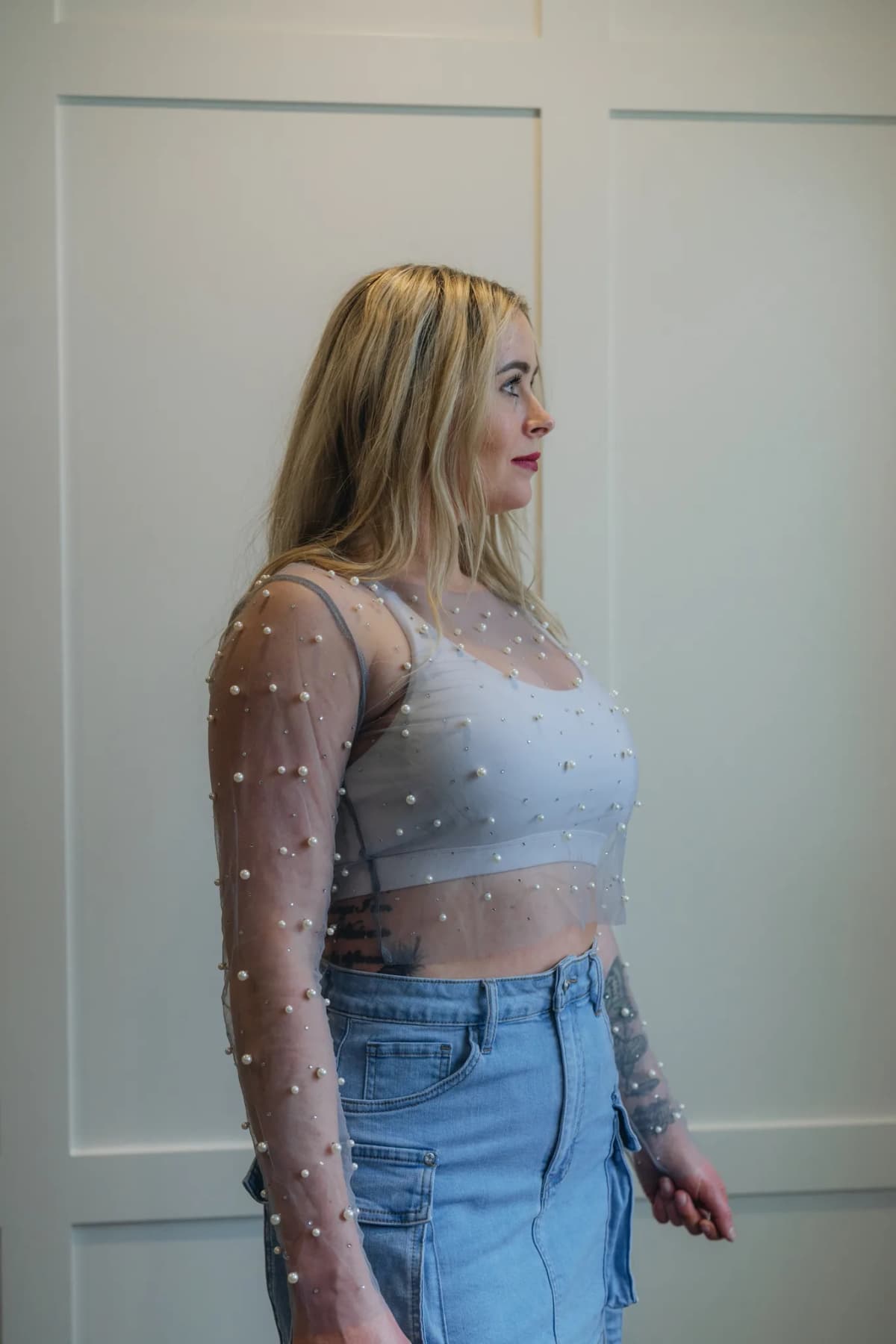 Pearl Trim Sheer Mesh Crop Top