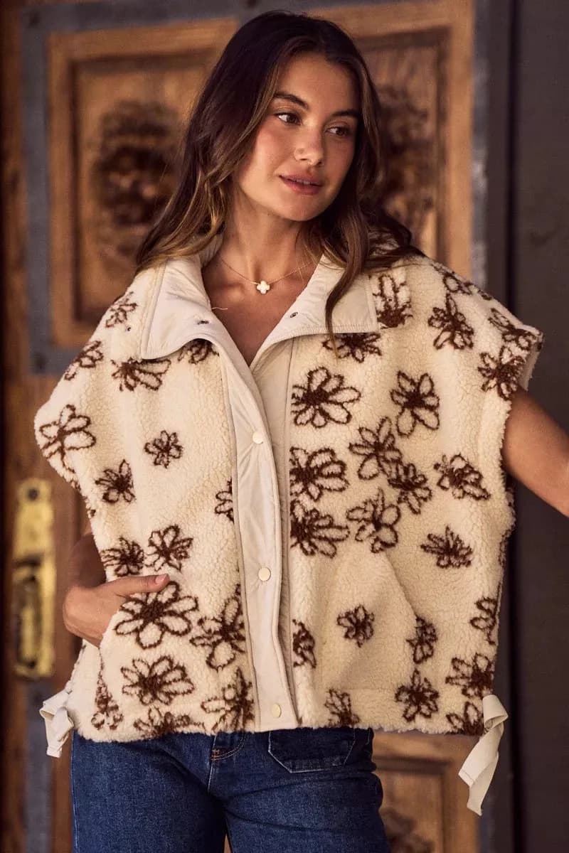 SO ME Flower Sherpa Fur Oversized Sleeveless Vest Jacket