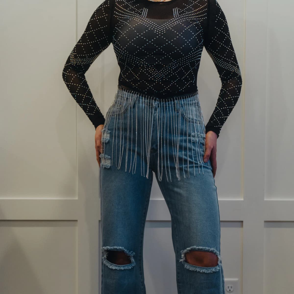 Stretch Mesh Studded Rhinestone Fringe Long Sleeve Top
