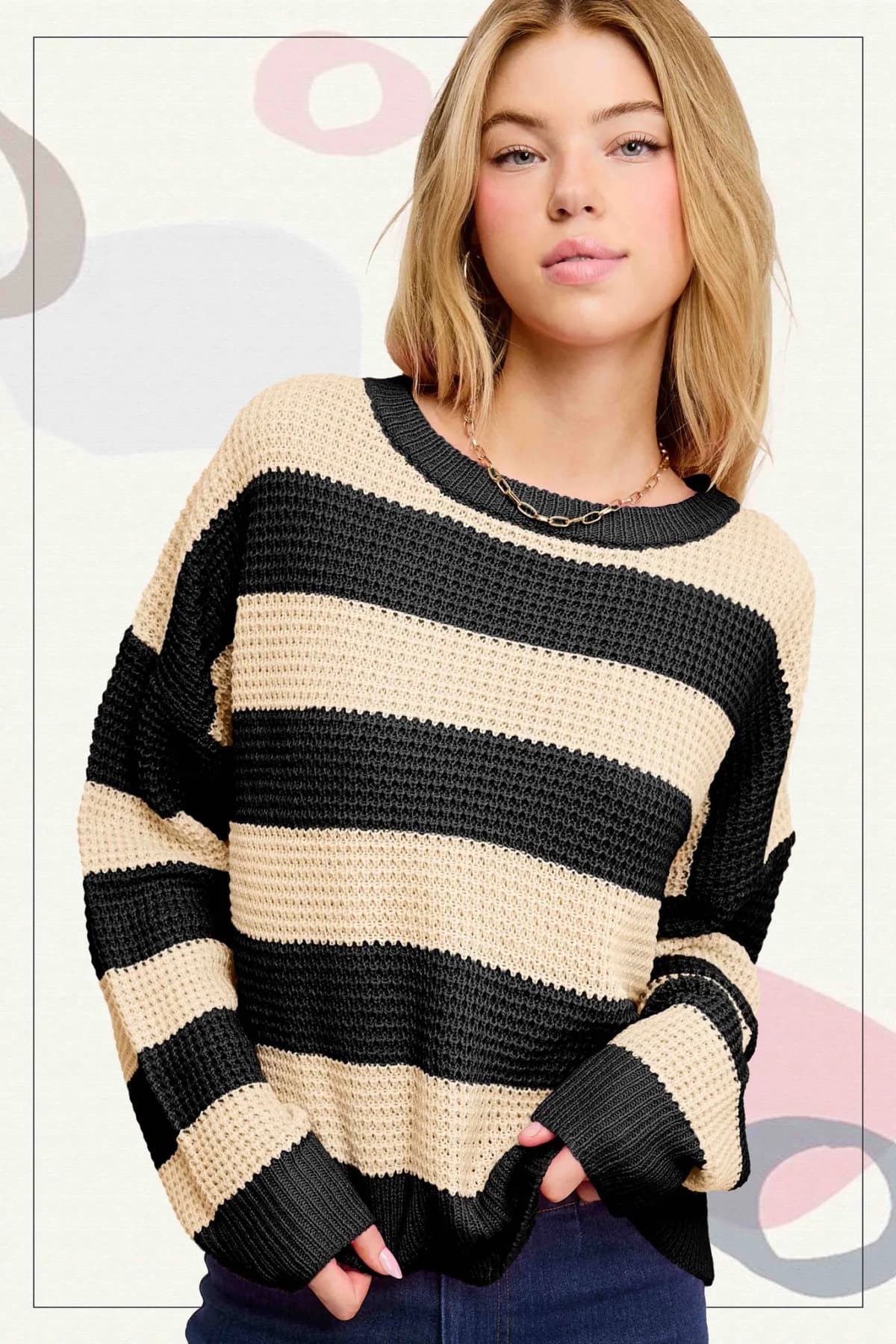 Loose Fit Striped Round Neck Long Sleeve Sweater (Fushia)