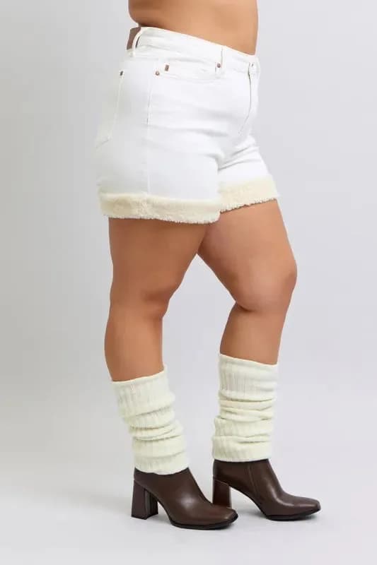 Judy Blue Full Size High Waist Shearling Cuff Denim Shorts Plus Size
