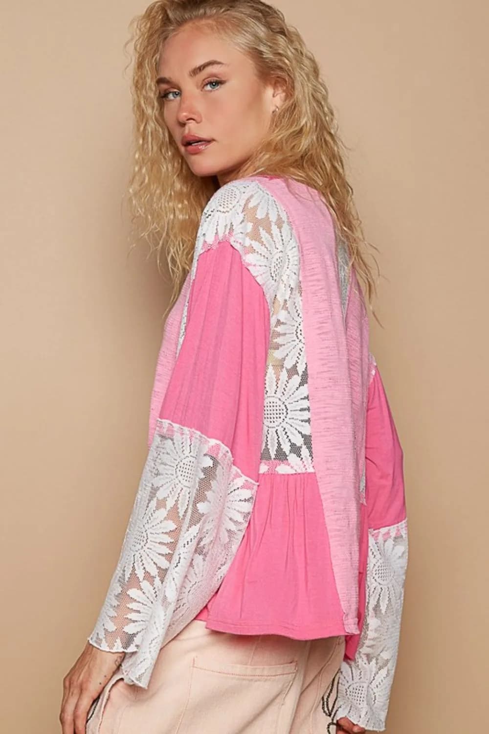 Lace Detail VNeck Flare Sleeve Blouse