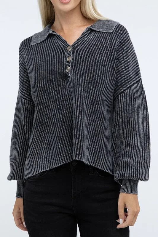 Washed Collared Henley Sweater Multiple Colors