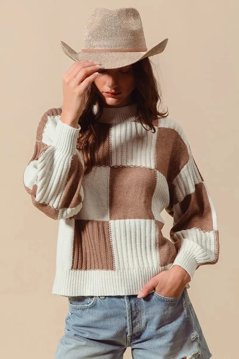 SO ME Ribbed Color Block Checkered Plaid Sweater