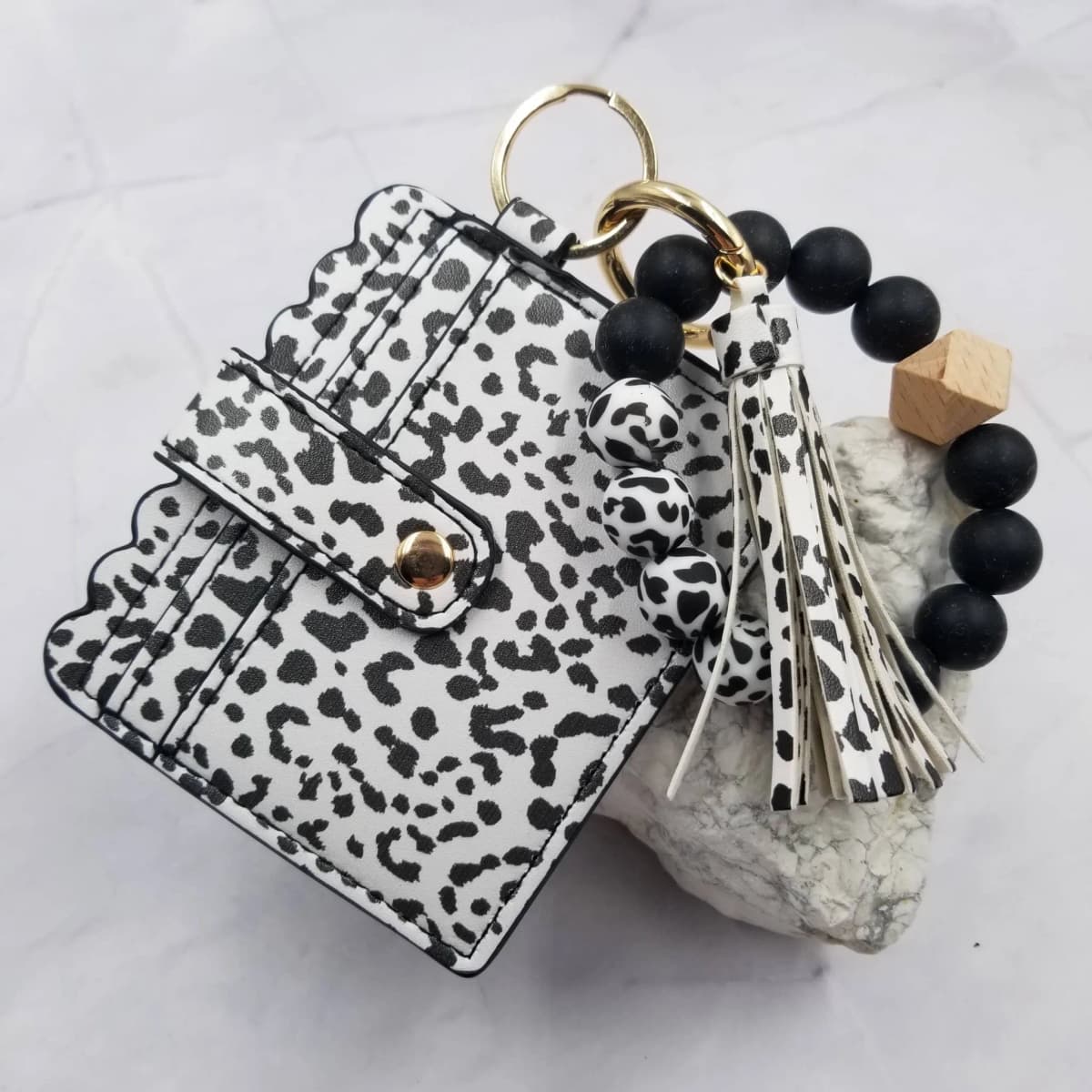 Silicone Bead Bangle Keychain Bracelet Card Holder (White Leopard)