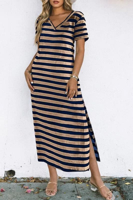 Stripe V-Neck Side Slit Maxi Dress