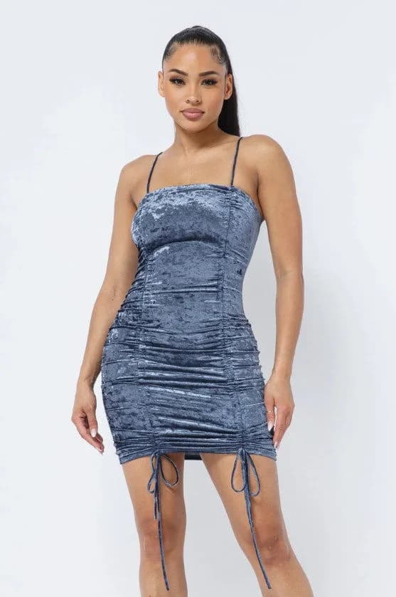 Crushed Blue Velvet Sleeveless Front Shirring Tie Mini Dress Julia by LoveJ
