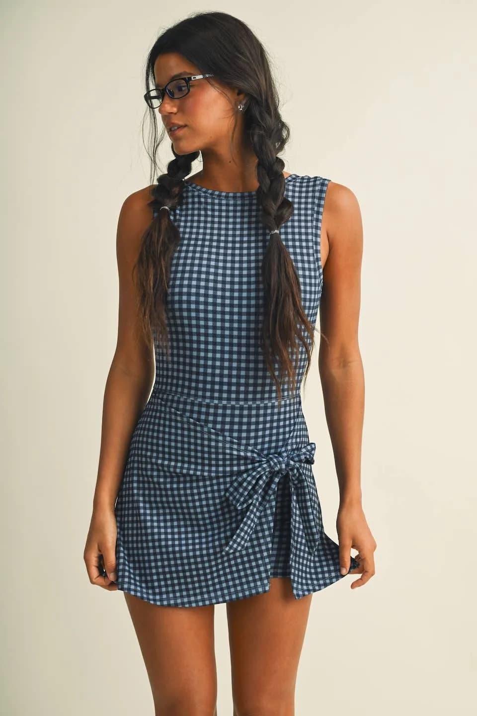 Gingham Print Sleeveless Wrap Tie Front Dress