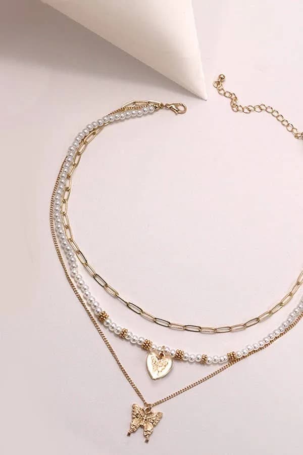 Multi Layer Butterfly Pearl Necklace