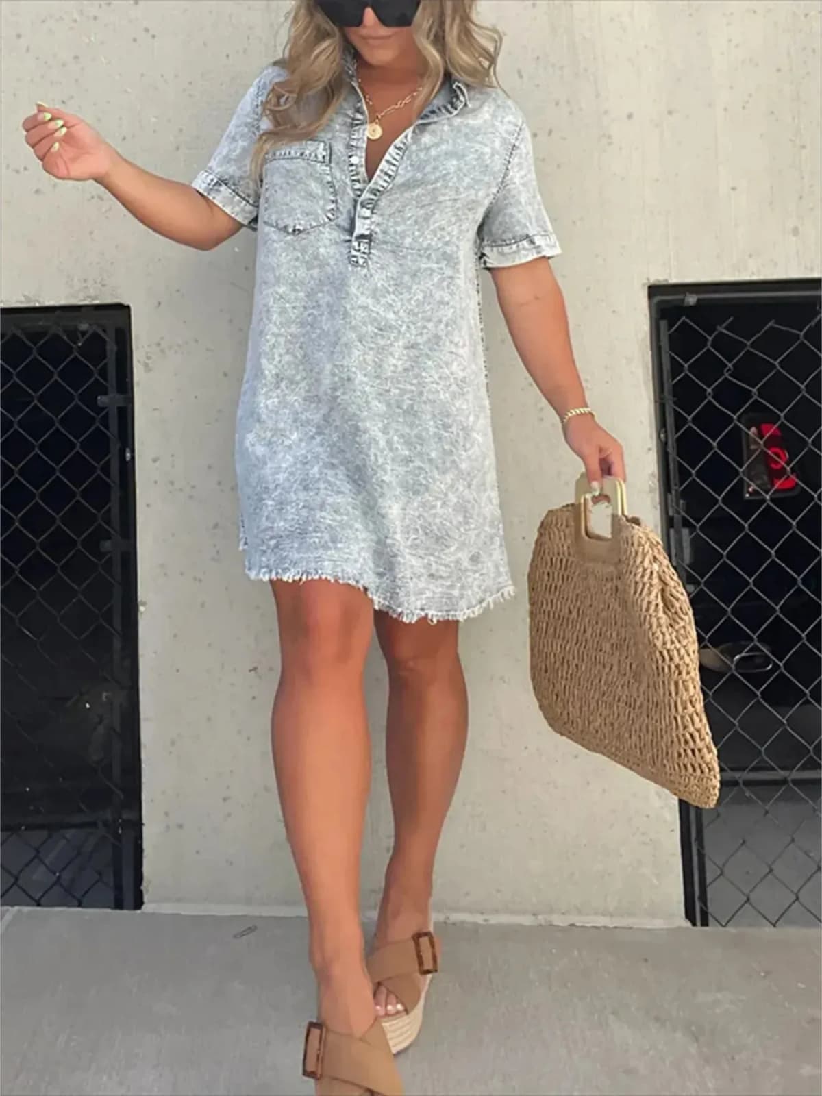 Full Size Raw Hem Short Sleeve Denim Dress Plus Size