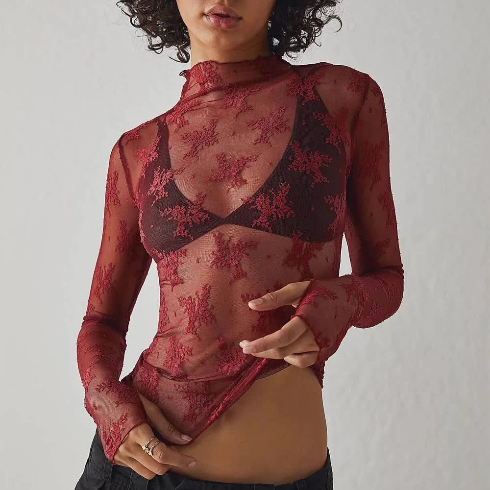 Sheer Lace Top Shirt Rosa Clothing (Cream)