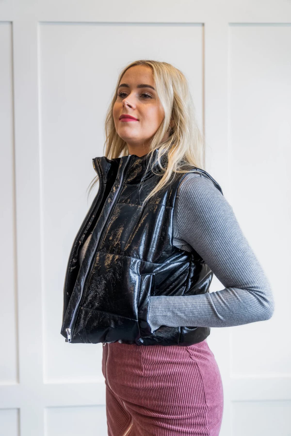 Faux Leather Puffer Vest Style Up (Red)