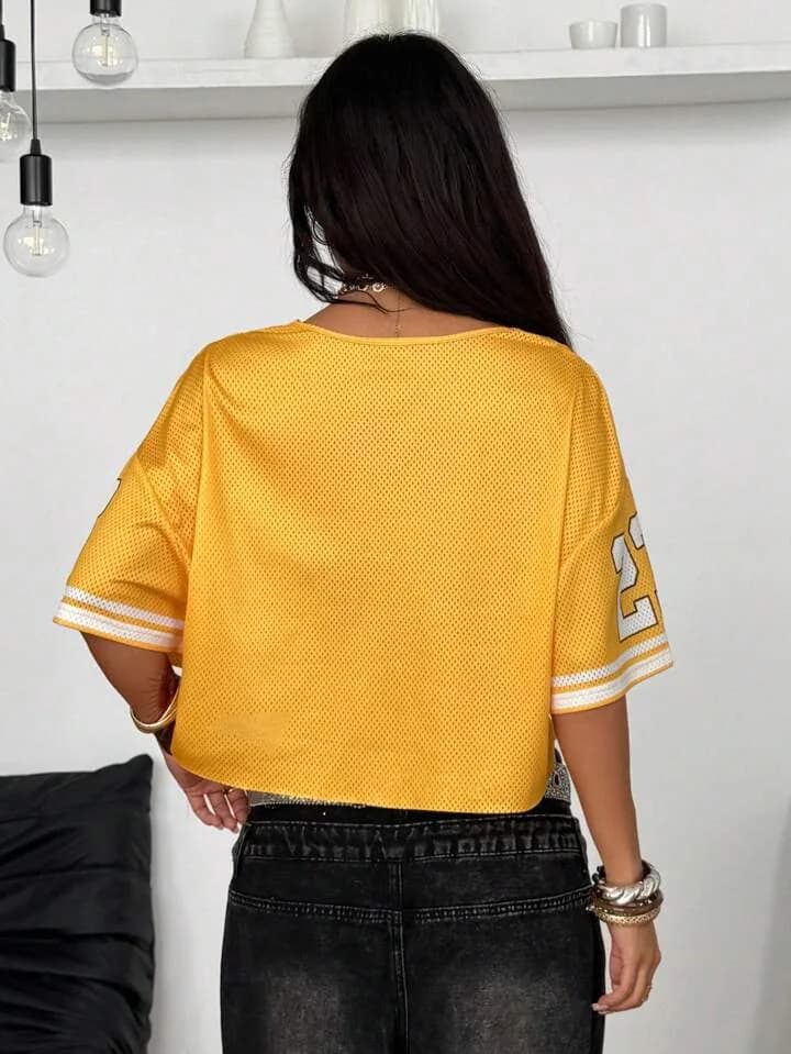 Yellow 23 Lace Trim Mesh Crop Top Jersey