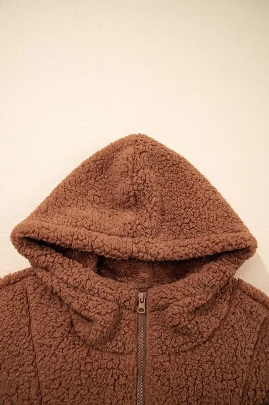 Solid Sherpa Fleece Zip Up Hooded Jacket
