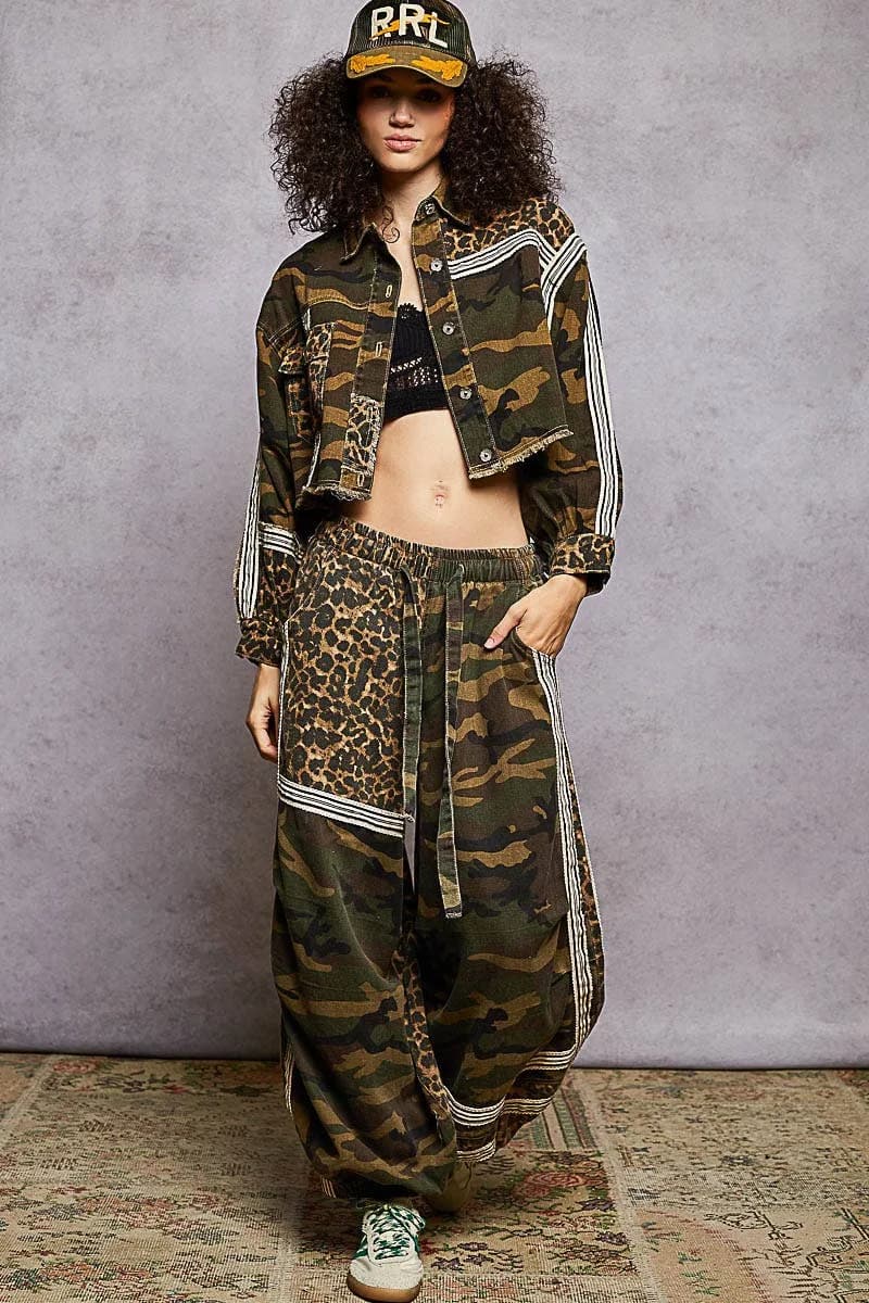 Printed Woven Contrast Band Trim Jogger Pants by POL