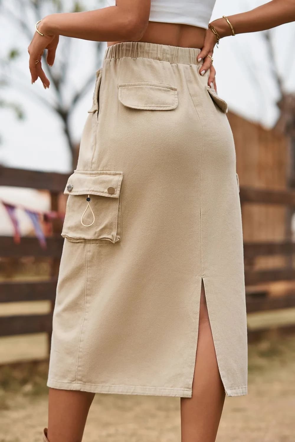 Drawstring Waist Slit Denim Skirt in Multiple Colors