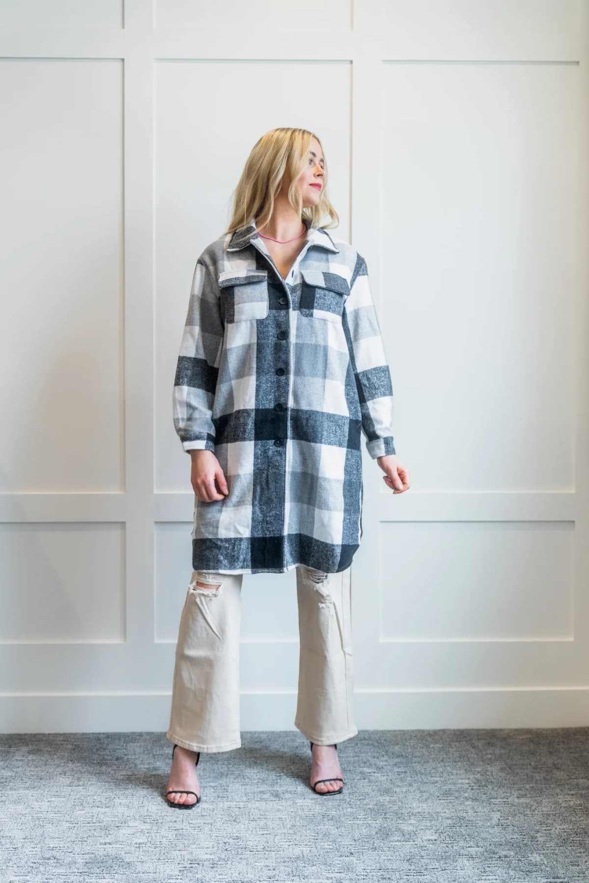 Plaid Flap Pocket Long Shacket La Miel