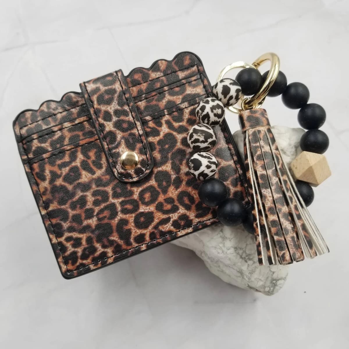 Silicone Bead Bangle Keychain Bracelet Card Holder (Brown Leopard)