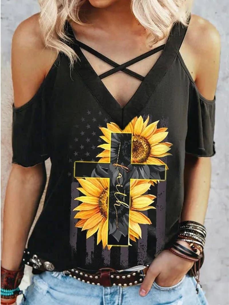 Cross Sunflower Printed Cold Shoulder T shirt