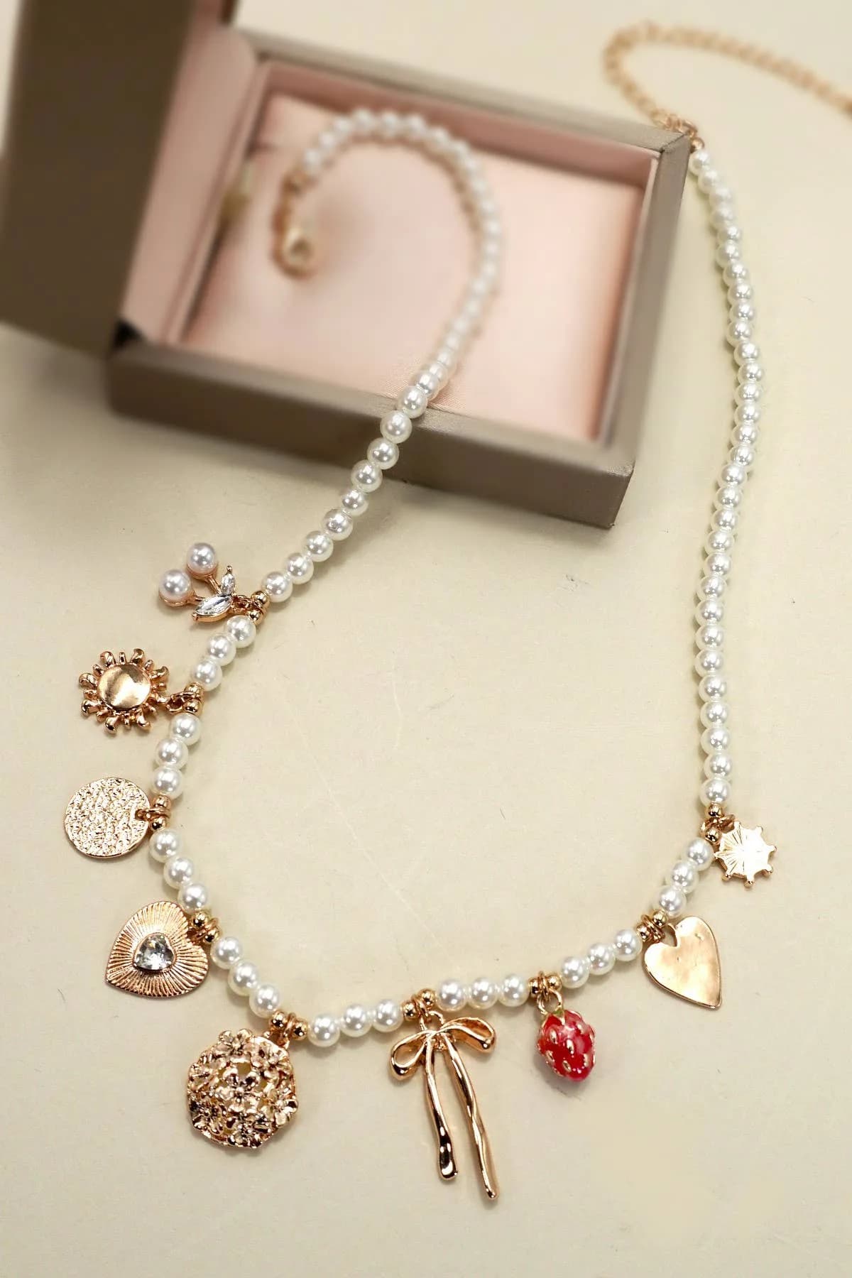Pearl Beaded Bow Strawberry Cherry Necklace