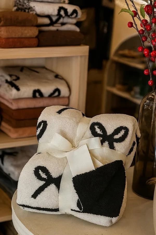 Black and Cream Bow Luxury Blanket