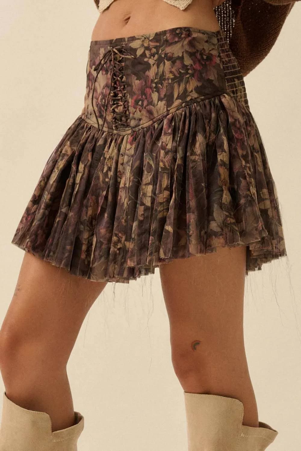 Floral Print Drop Waist Lace-Up Pleated Mini Skort by Promesa Restocked