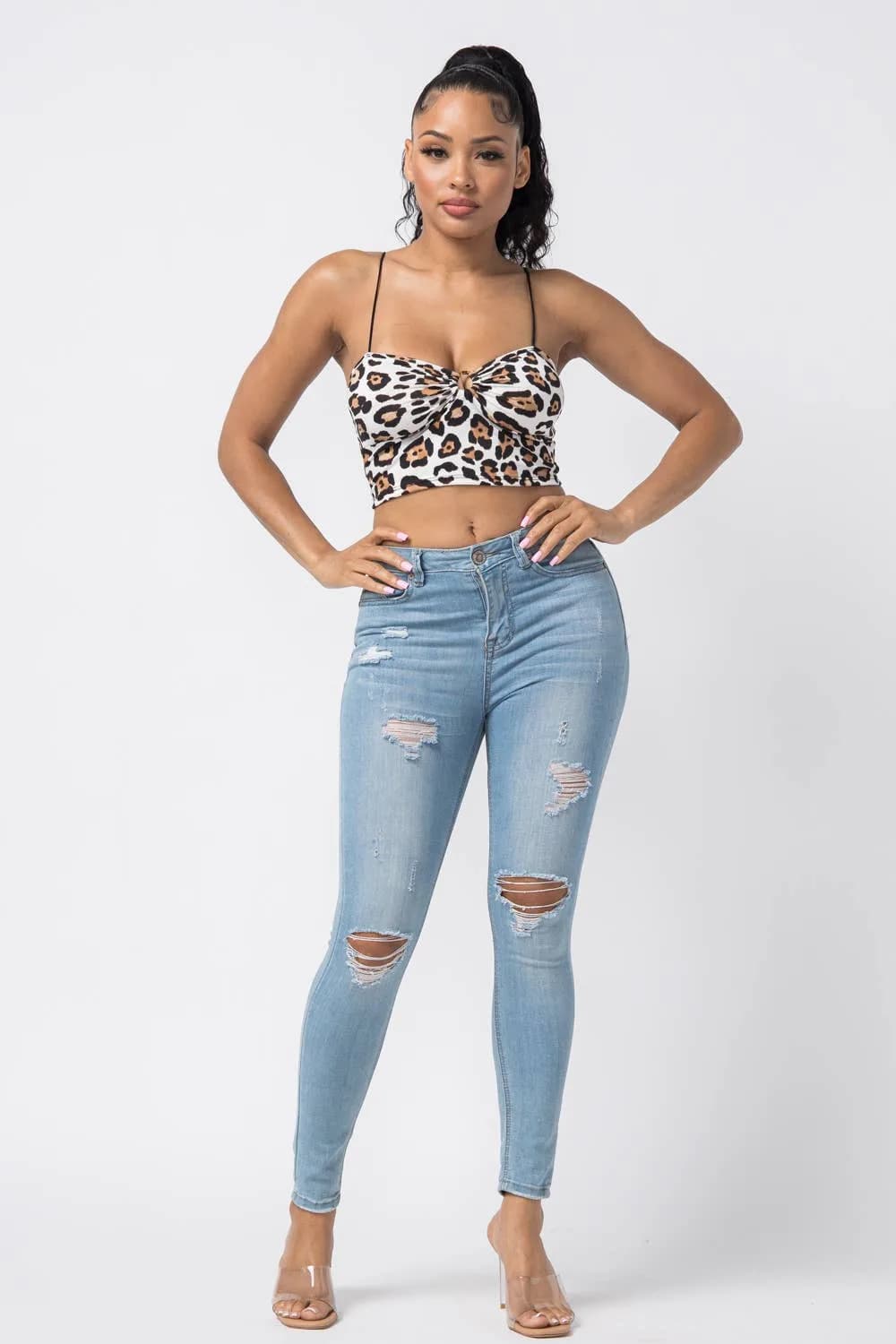 Animal Print Leopard Sleeveless O Ring Crop Top Julia by LoveJ (Ivory)