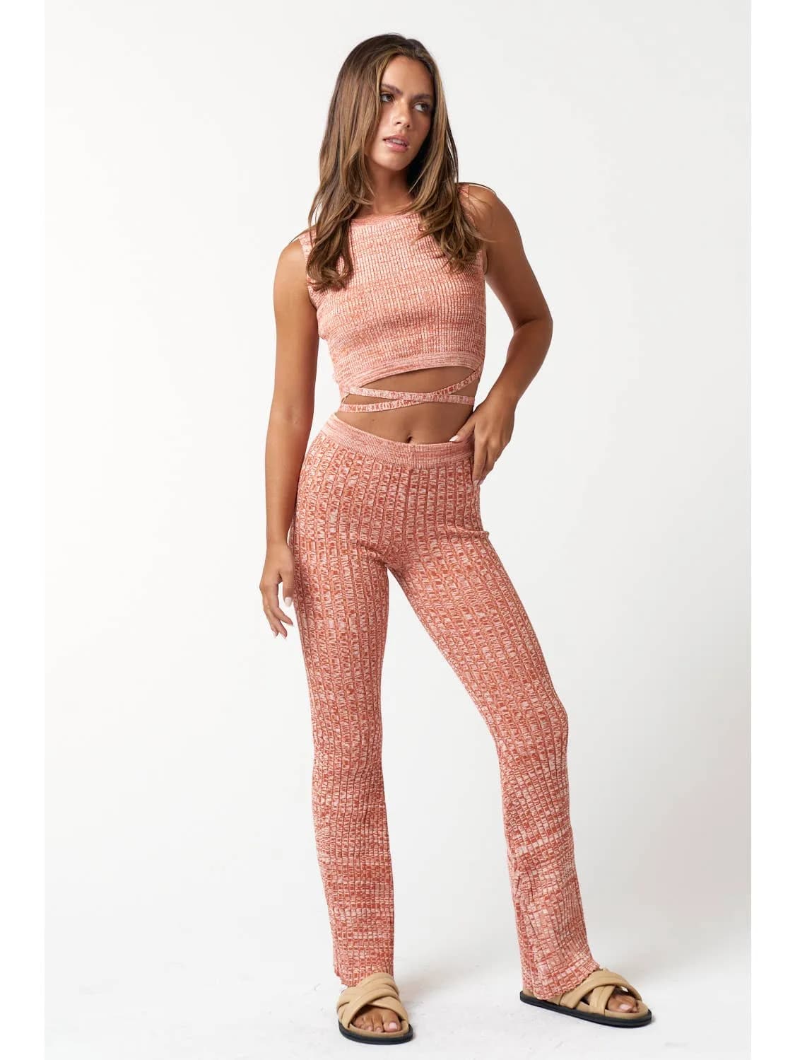Rust Color Sweater Crop Top and Flared Pants Set by Blue Blush