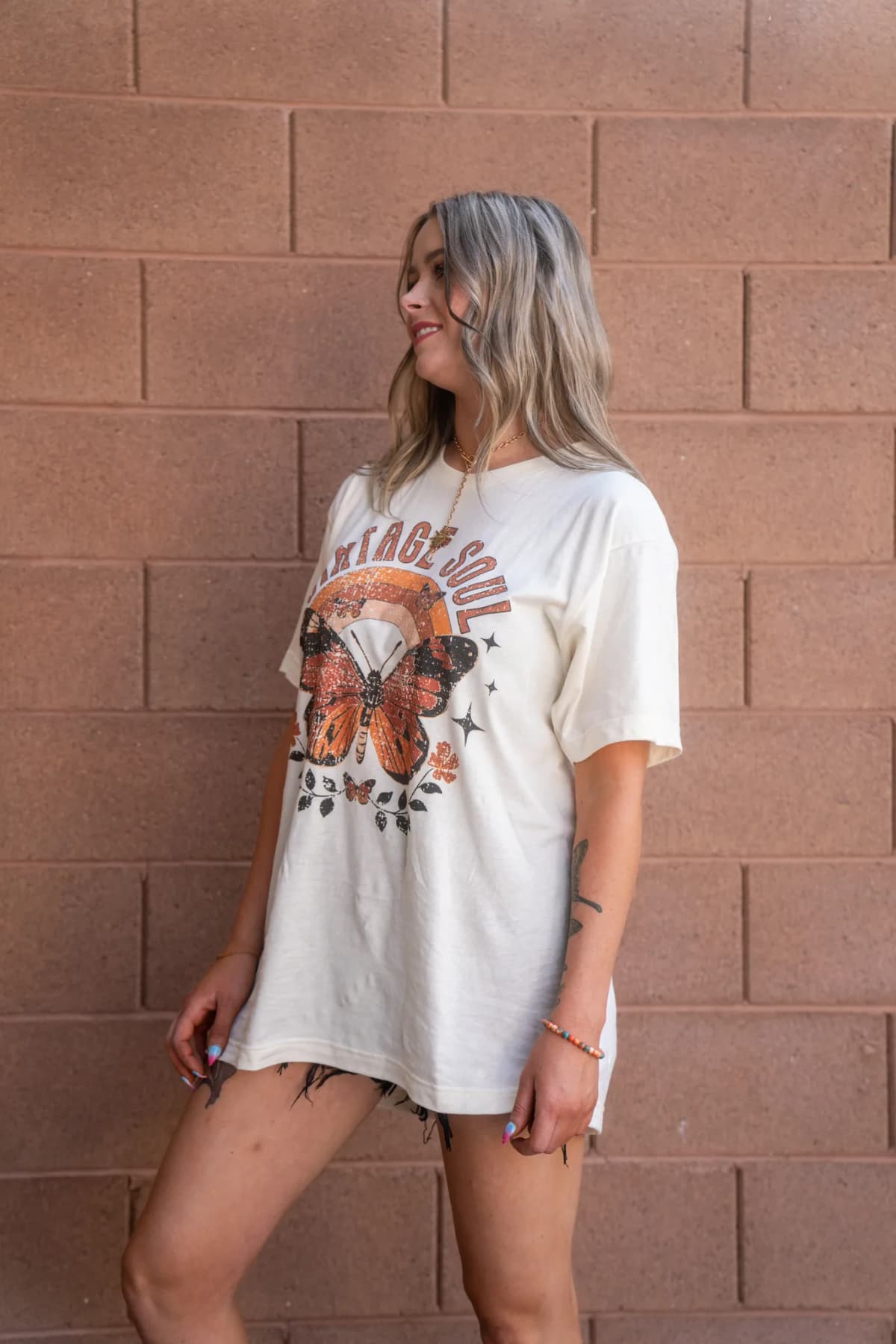 Vintage Soul Butterfly Retro Rainbow Distressed Oversize Tee Select Apparel