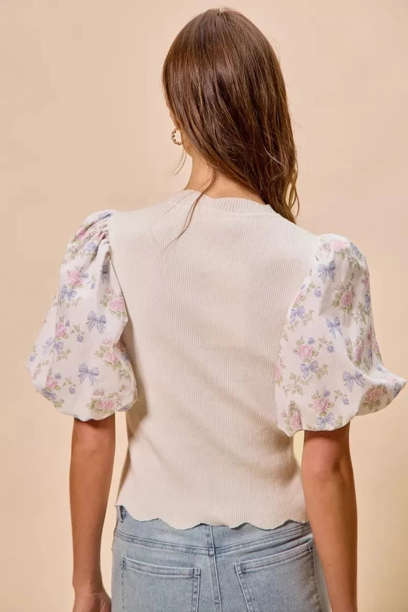 SO ME Floral Cotton Contrast Sleeves Scallop Sweater Top